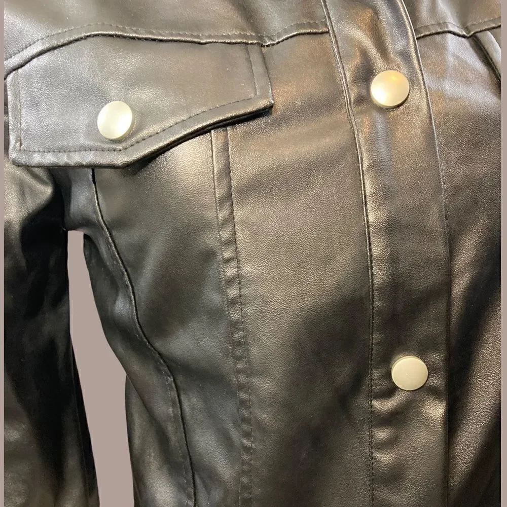 Black Faux Leather Cropped Button Down Lightweight Jacket